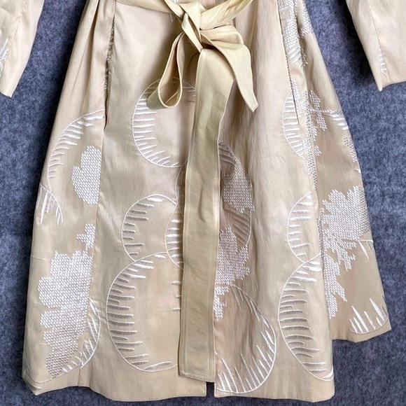 Samuel Dong L Beige Embroidered Statement Trench Coat Wide Collar Belted Jacket - Picture 1 of 16
